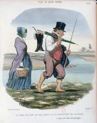 Karykatura wyśmiewająca rozdział VI o prawach i obowiązkach małżonków we francuskim Kodeksie cywilnym, promulgowanym przez Napoleona w 1804 roku, około 1840-50